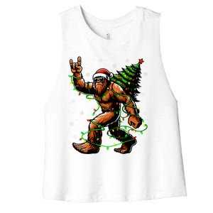 Santa Bigfoot Christmas Tree Xmas Lights Funny Sasquatch Women's Racerback Cropped Tank