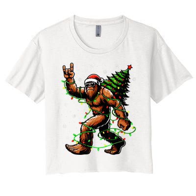 Santa Bigfoot Christmas Tree Xmas Lights Funny Sasquatch Women's Crop Top Tee