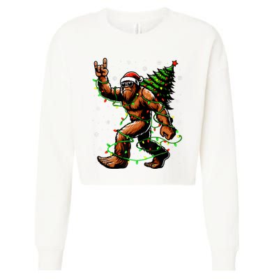 Santa Bigfoot Christmas Tree Xmas Lights Funny Sasquatch Cropped Pullover Crew