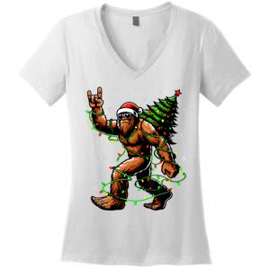 Santa Bigfoot Christmas Tree Xmas Lights Funny Sasquatch Women's V-Neck T-Shirt