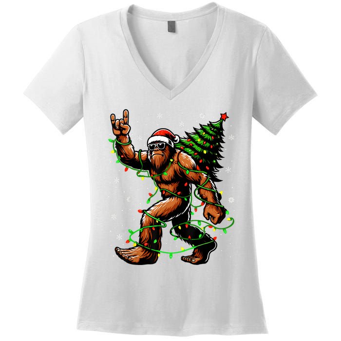 Santa Bigfoot Christmas Tree Xmas Lights Funny Sasquatch Women's V-Neck T-Shirt