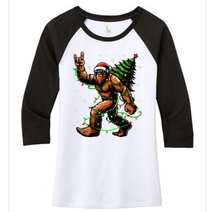 Santa Bigfoot Christmas Tree Xmas Lights Funny Sasquatch Women's Tri-Blend 3/4-Sleeve Raglan Shirt