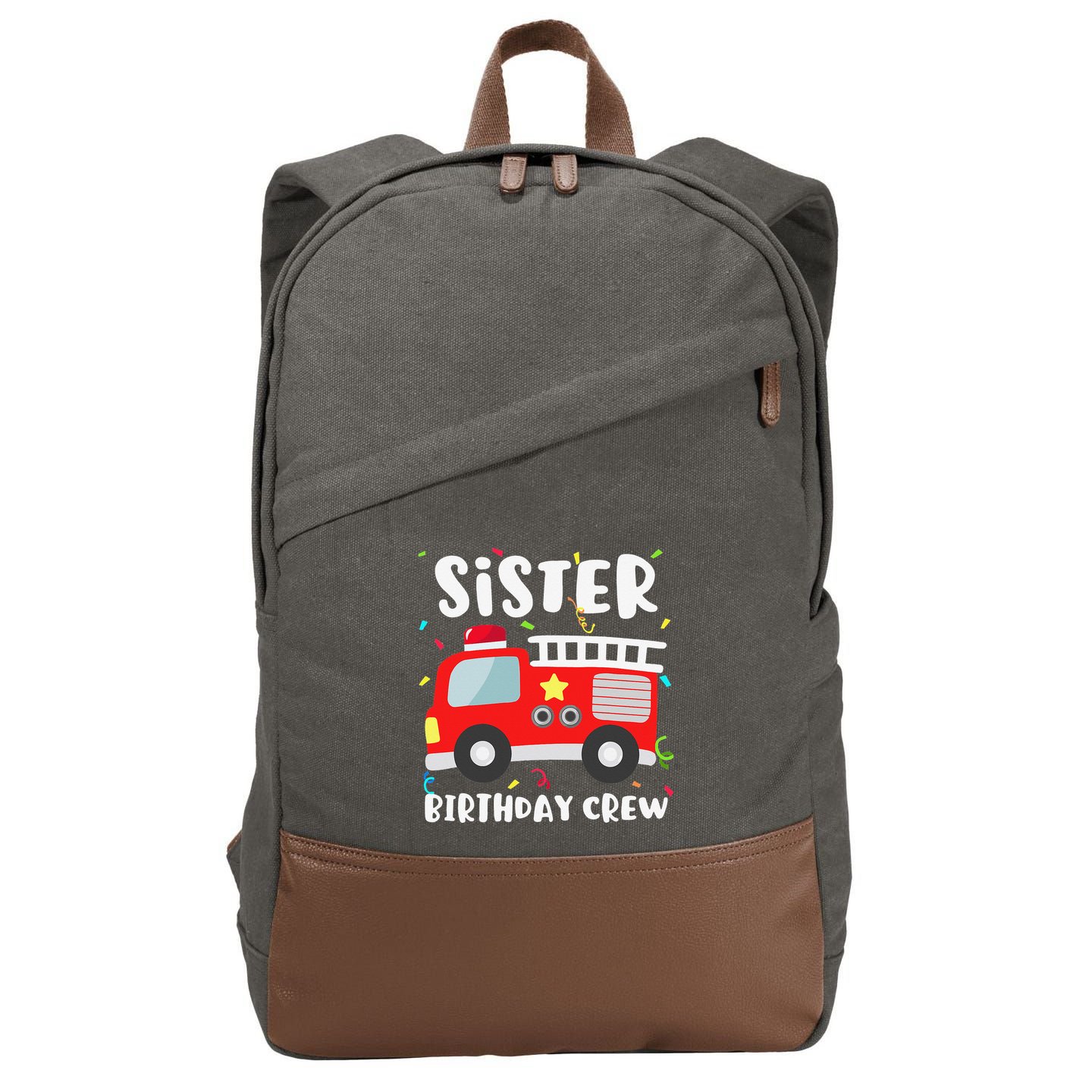 Sister Birthday Crew Fire Truck Party Firefighter Cotton Canvas Backpack