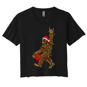 Santa Bigfoot Christmas Lights Rock Funny Sasquatch Believe Women's Crop Top Tee