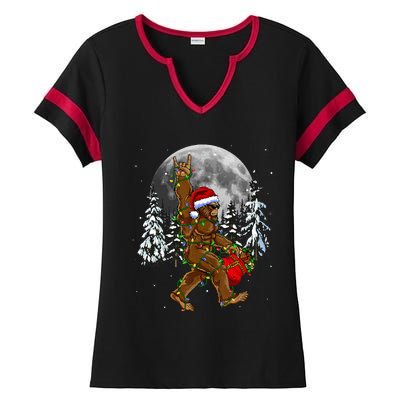 Santa Bigfoot Christmas Lights Rock Funny Sasquatch Believe Ladies Halftime Notch Neck Tee