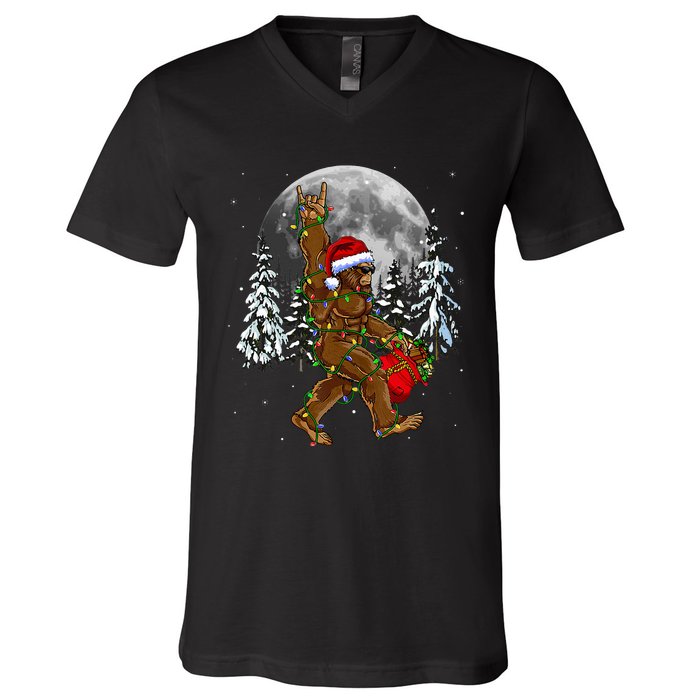 Santa Bigfoot Christmas Lights Rock Funny Sasquatch Believe V-Neck T-Shirt