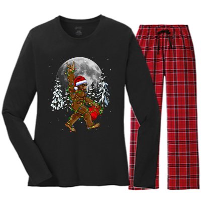 Santa Bigfoot Christmas Lights Rock Funny Sasquatch Believe Women's Long Sleeve Flannel Pajama Set 