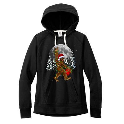 Santa Bigfoot Christmas Lights Rock Funny Sasquatch Believe Women's Fleece Hoodie