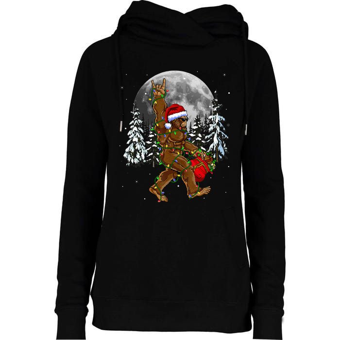 Santa Bigfoot Christmas Lights Rock Funny Sasquatch Believe Womens Funnel Neck Pullover Hood