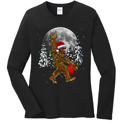 Santa Bigfoot Christmas Lights Rock Funny Sasquatch Believe Ladies Long Sleeve Shirt