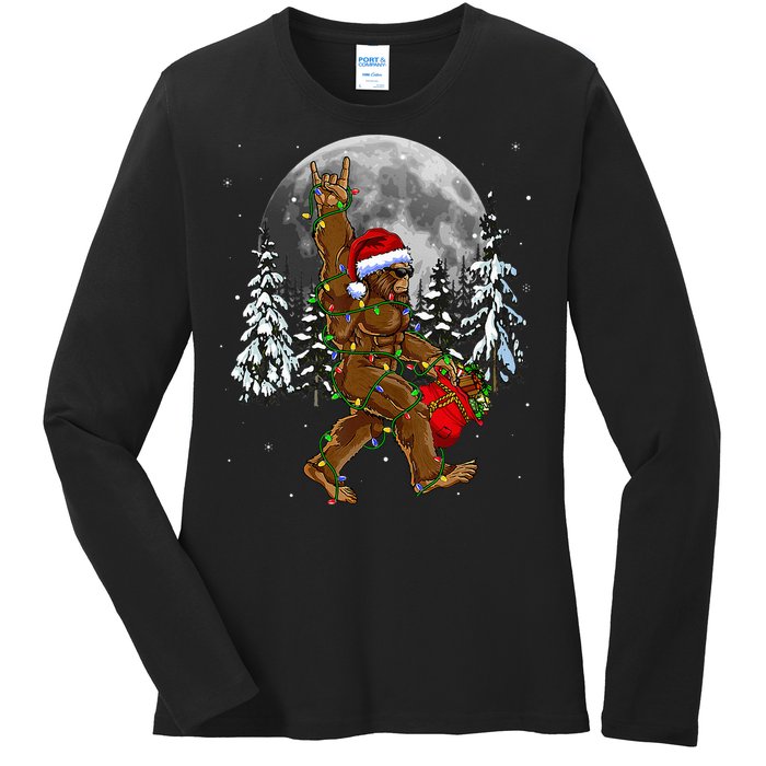 Santa Bigfoot Christmas Lights Rock Funny Sasquatch Believe Ladies Long Sleeve Shirt