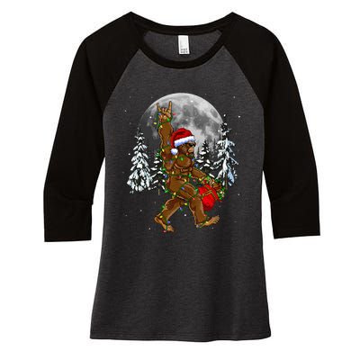 Santa Bigfoot Christmas Lights Rock Funny Sasquatch Believe Women's Tri-Blend 3/4-Sleeve Raglan Shirt