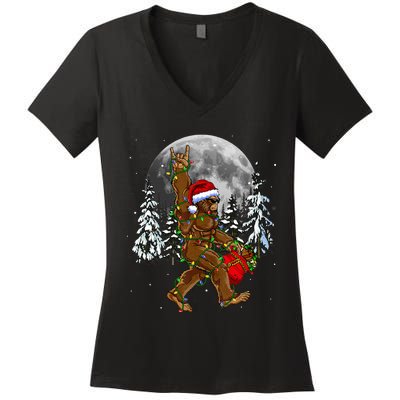 Santa Bigfoot Christmas Lights Rock Funny Sasquatch Believe Women's V-Neck T-Shirt