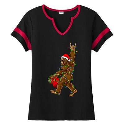 Santa Bigfoot Christmas Lights Rock Funny Sasquatch Believe Ladies Halftime Notch Neck Tee