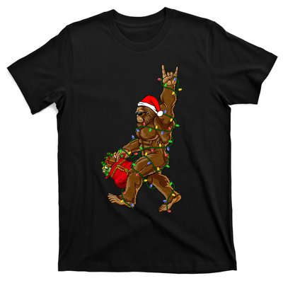 Santa Bigfoot Christmas Lights Rock Funny Sasquatch Believe T-Shirt