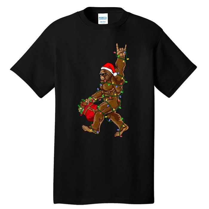 Santa Bigfoot Christmas Lights Rock Funny Sasquatch Believe Tall T-Shirt