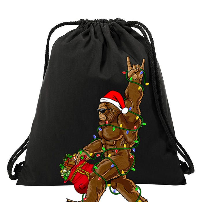 Santa Bigfoot Christmas Lights Rock Funny Sasquatch Believe Drawstring Bag