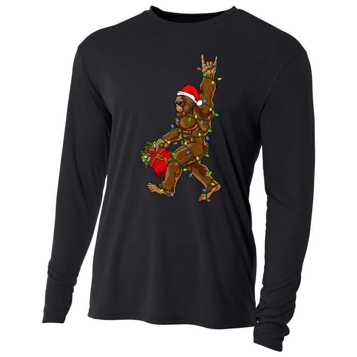 Santa Bigfoot Christmas Lights Rock Funny Sasquatch Believe Cooling Performance Long Sleeve Crew