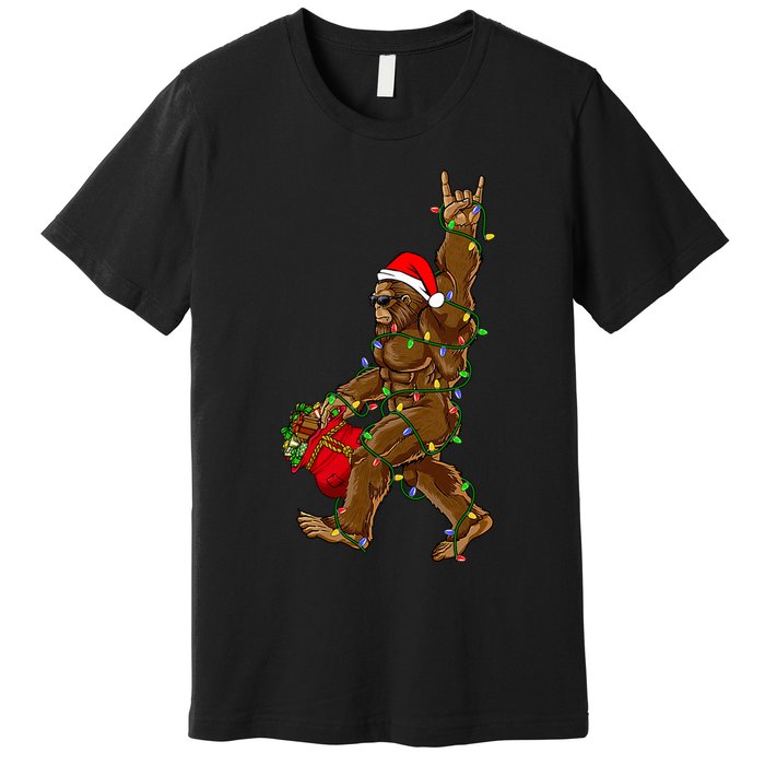 Santa Bigfoot Christmas Lights Rock Funny Sasquatch Believe Premium T-Shirt