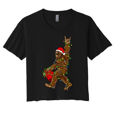 Santa Bigfoot Christmas Lights Rock Funny Sasquatch Believe Women's Crop Top Tee