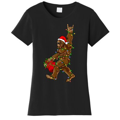 Santa Bigfoot Christmas Lights Rock Funny Sasquatch Believe Women's T-Shirt