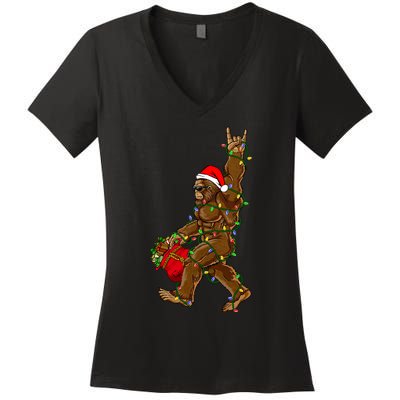 Santa Bigfoot Christmas Lights Rock Funny Sasquatch Believe Women's V-Neck T-Shirt