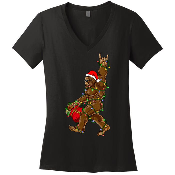 Santa Bigfoot Christmas Lights Rock Funny Sasquatch Believe Women's V-Neck T-Shirt