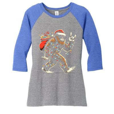 Santa Bigfoot Christmas Lights Funny Sasquatch Believe  Women's Tri-Blend 3/4-Sleeve Raglan Shirt