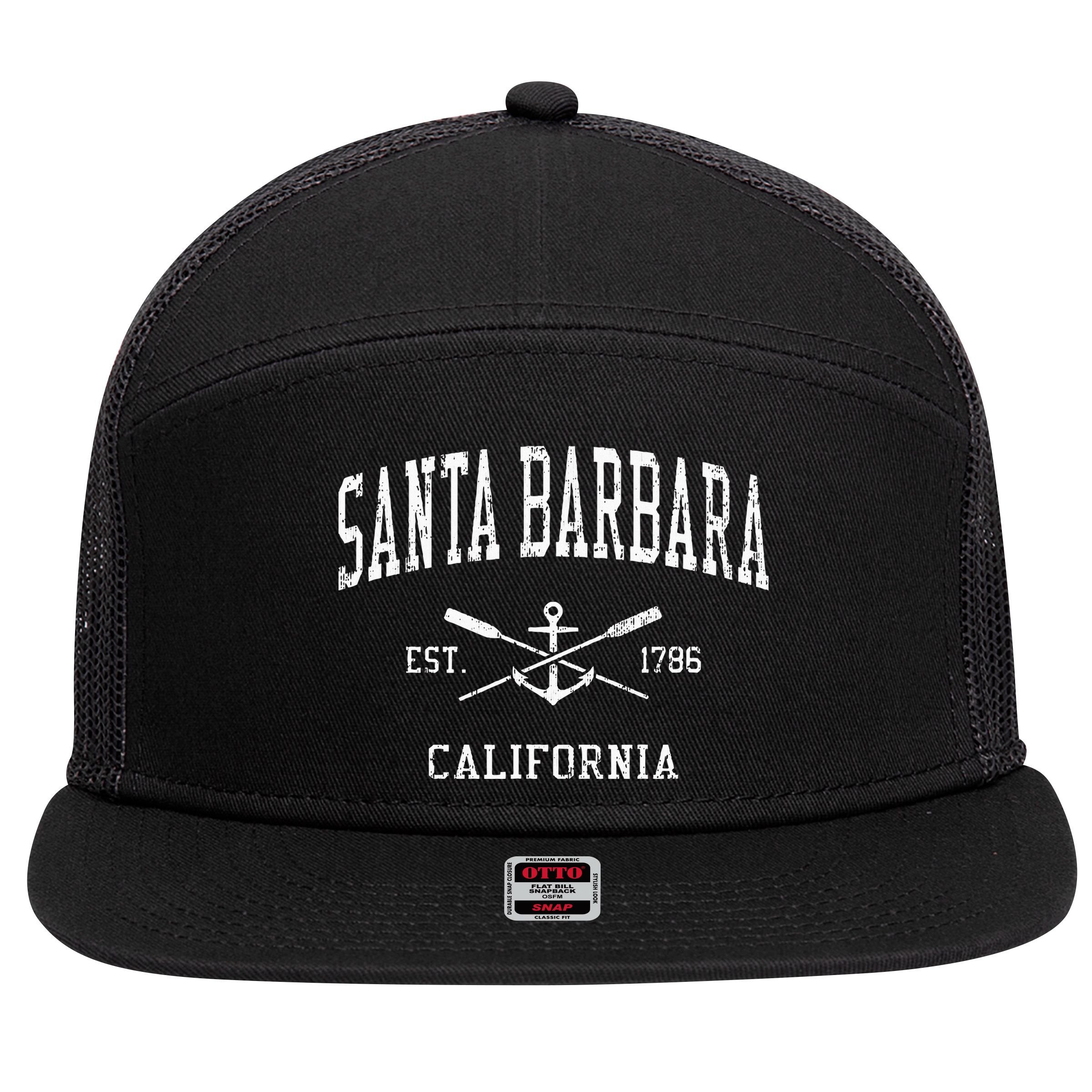 Santa Barbara Ca Vintage Crossed Oars & Boat Anchor Sports 7 Panel Mesh Trucker Snapback Hat