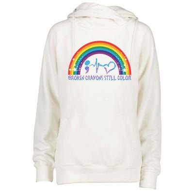 Semicolon Broken Crayons Still Color Suicide Prevention Awareness Womens Funnel Neck Pullover Hood