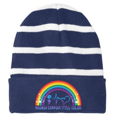 Semicolon Broken Crayons Still Color Suicide Prevention Awareness Striped Beanie with Solid Band