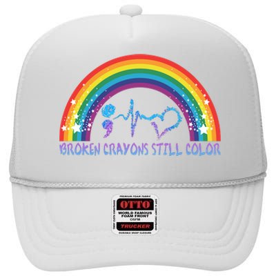 Semicolon Broken Crayons Still Color Suicide Prevention Awareness High Crown Mesh Back Trucker Hat