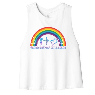 Semicolon Broken Crayons Still Color Suicide Prevention Awareness Women's Racerback Cropped Tank