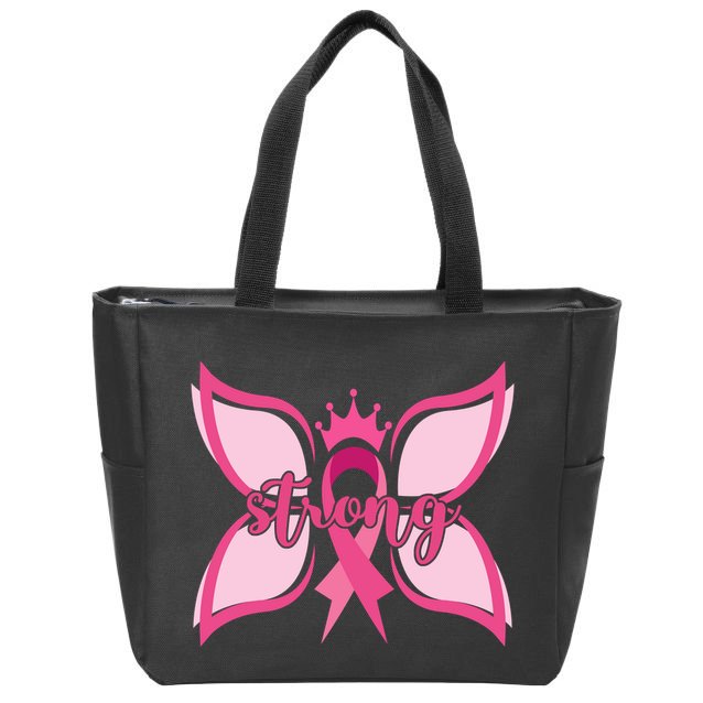 Strong Breast Cancer Awareness Butterfly Zip Tote Bag