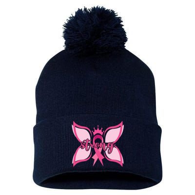 Strong Breast Cancer Awareness Butterfly Pom Pom 12in Knit Beanie