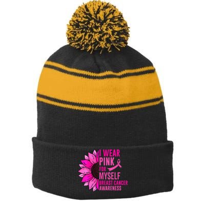 Sunflower Breast Cancer Awareness Ribbon In October Stripe Pom Pom Beanie