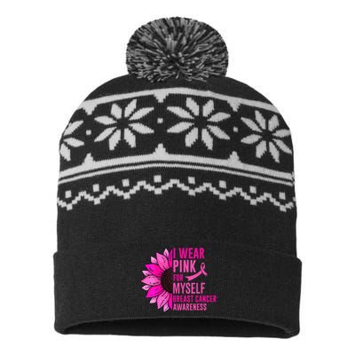 Sunflower Breast Cancer Awareness Ribbon In October USA-Made Snowflake Beanie