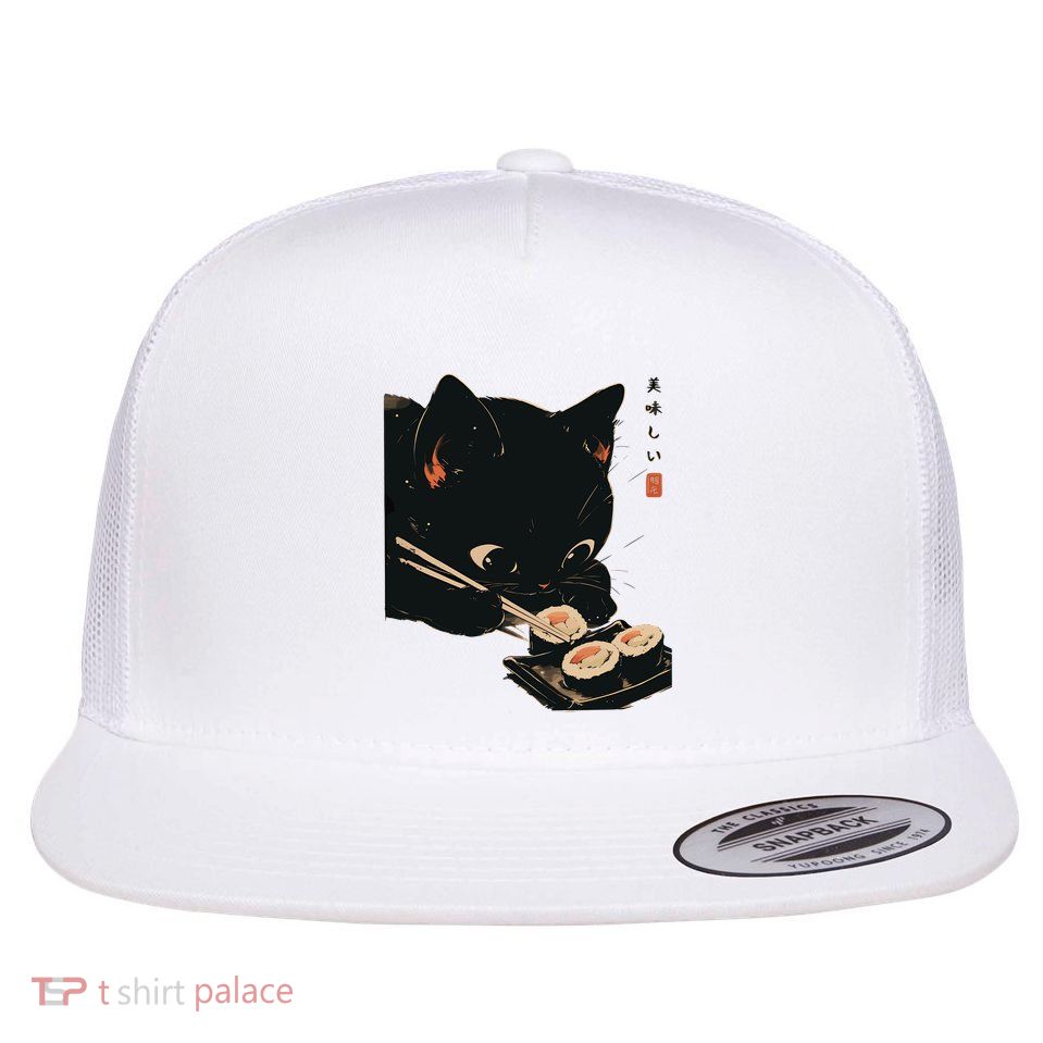 Sushi Black Cat LoverS Delight And Modern Minimalist Art Flat Bill Trucker Hat