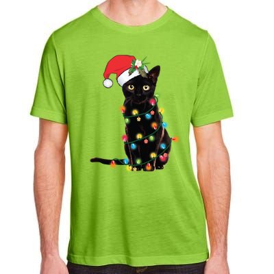 Santa Black Cat Tangled Up In Christmas Tree Lights Holiday Long Sleeve TShirt Adult ChromaSoft Performance T-Shirt