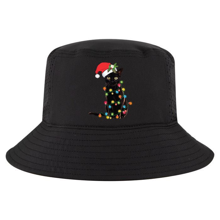 Santa Black Cat Tangled Up In Christmas Tree Lights Holiday Long Sleeve TShirt Cool Comfort Performance Bucket Hat
