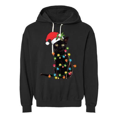 Santa Black Cat Tangled Up In Christmas Tree Lights Holiday Long Sleeve TShirt Garment-Dyed Fleece Hoodie