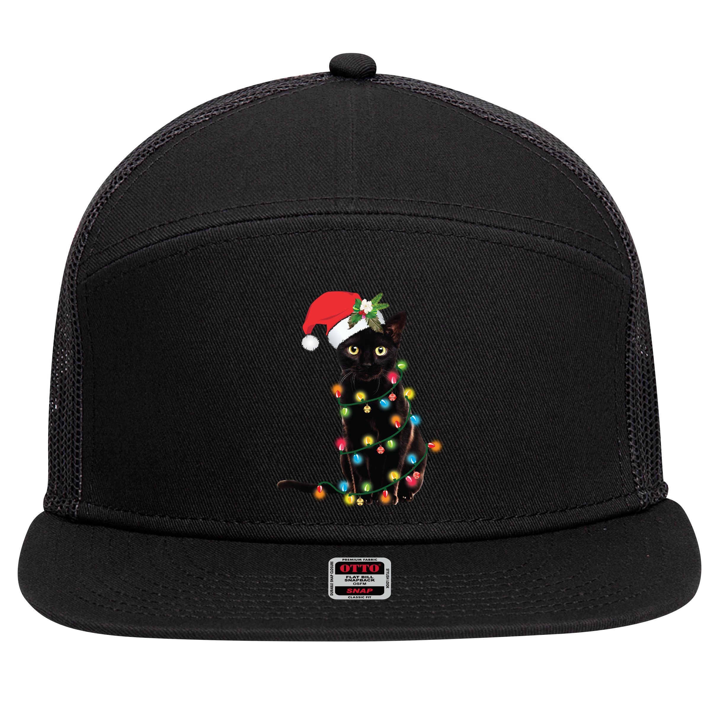 Santa Black Cat Tangled Up In Christmas Tree Lights Holiday Long Sleeve TShirt 7 Panel Mesh Trucker Snapback Hat