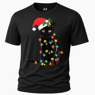 Santa Black Cat Tangled Up In Christmas Tree Lights Holiday Long Sleeve TShirt Performance Shirt