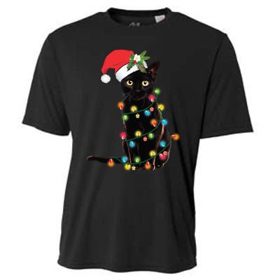 Santa Black Cat Tangled Up In Christmas Tree Lights Holiday Long Sleeve TShirt Cooling Performance Crew T-Shirt