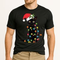 Santa Black Cat Tangled Up In Christmas Tree Lights Holiday Long Sleeve TShirt Cooling Performance Crew T-Shirt