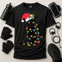 Santa Black Cat Tangled Up In Christmas Tree Lights Holiday Long Sleeve TShirt Cooling Performance Crew T-Shirt