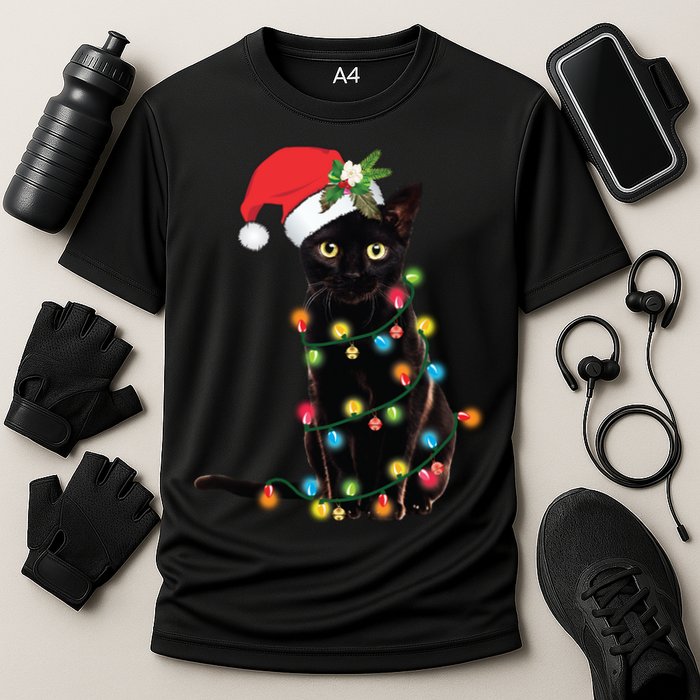 Santa Black Cat Tangled Up In Christmas Tree Lights Holiday Long Sleeve TShirt Cooling Performance Crew T-Shirt