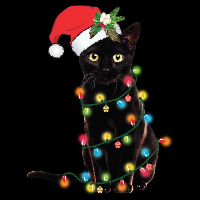 Santa Black Cat Tangled Up In Christmas Tree Lights Holiday Long Sleeve TShirt Cooling Performance Crew T-Shirt