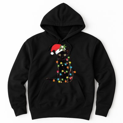 Santa Black Cat Tangled Up In Christmas Tree Lights Holiday Long Sleeve TShirt Hoodie