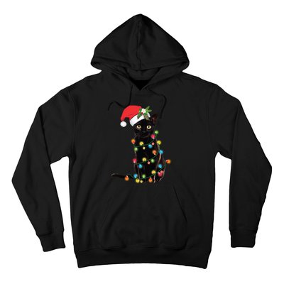 Santa Black Cat Tangled Up In Christmas Tree Lights Holiday Long Sleeve TShirt Hoodie